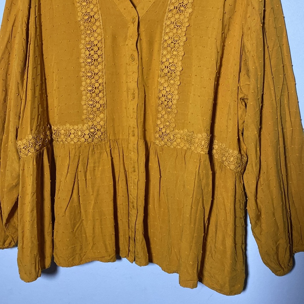 Lane Bryant Boho Blouse Women’s 24 Yellow Mustard V-Neck Button Up Lace Shirt - Picture 6 of 13